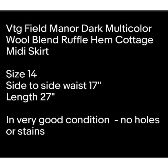 Vtg Field Manor Dark Multicolor Wool Blend Ruffle Hem Cottage Midi Skirt 14 - Picture 6 of 6